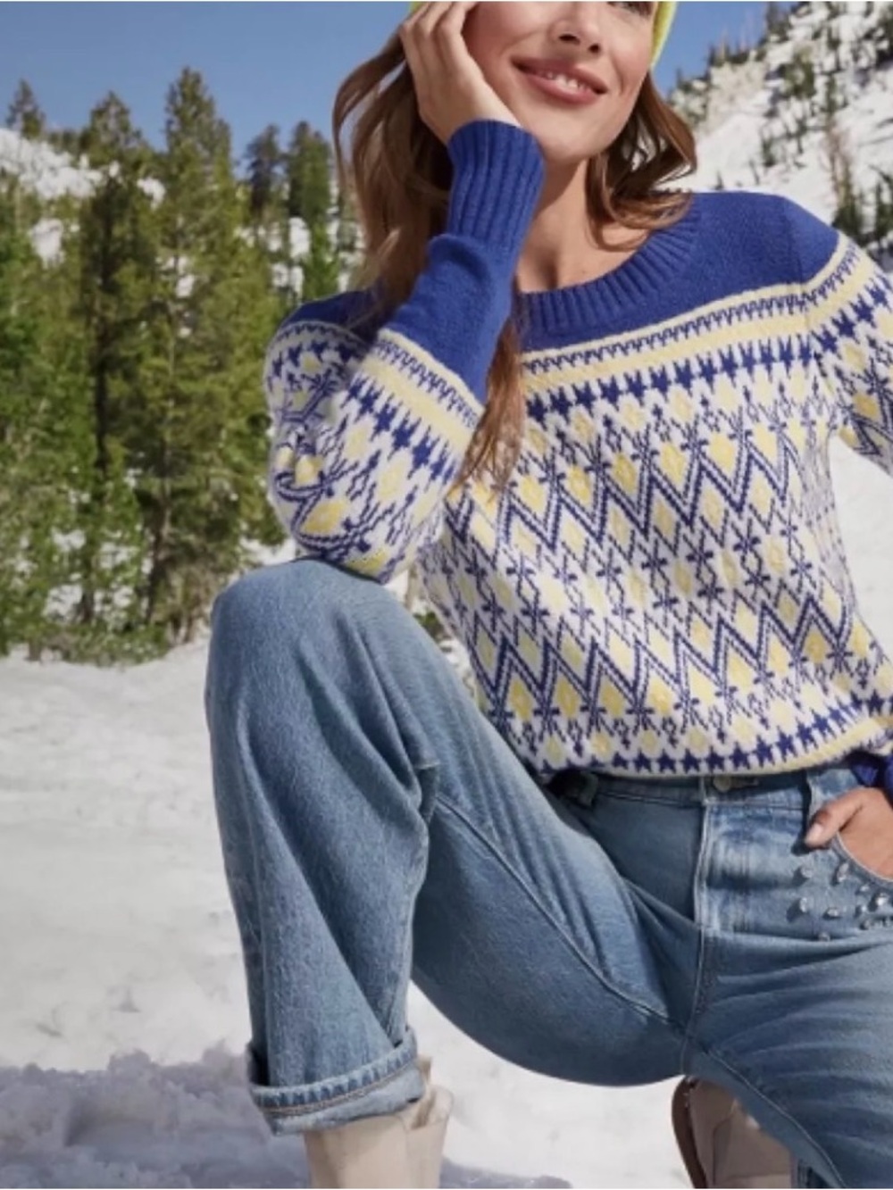 Loft Blue & yellow Fair Isle Nordic Crewneck Sweater Medium Petite Cotton Blend